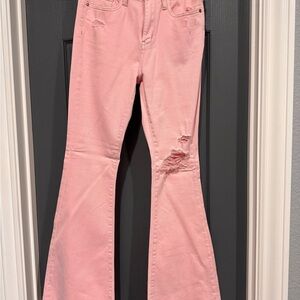 Pink Flared Jeans with Distressed Details